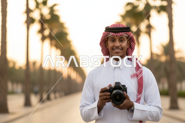 شاب سعودي يمسك كاميرا احترافية بين النخيل