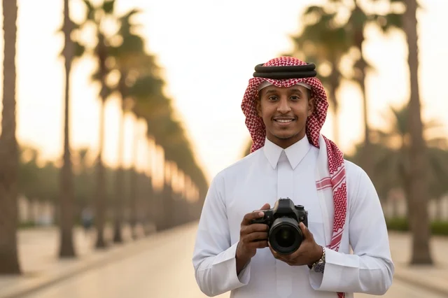 شاب سعودي يمسك كاميرا احترافية بين النخيل