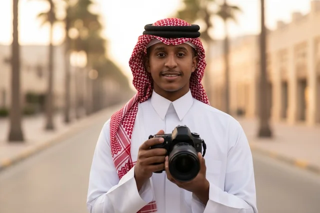 مصور سعودي يحمل كاميرا في الشارع وقت الغروب