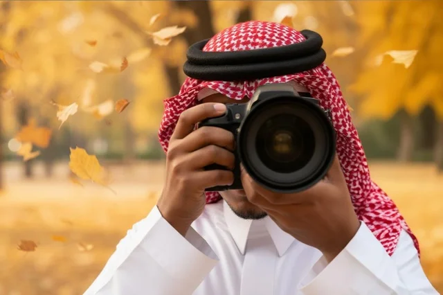 Saudi Photographer with DSLR Camera in Autumn Park