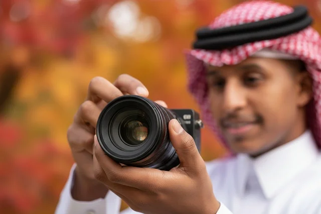 رجل سعودي بالزي التقليدي يمسك كاميرا رقمية احترافية