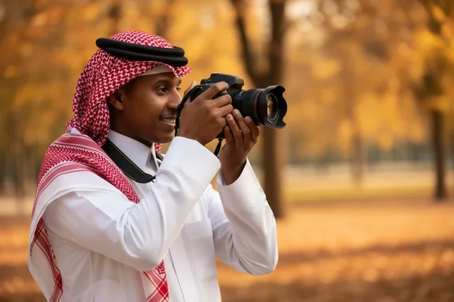 Saudi Photographer with DSLR Camera in Golden Autumn Park