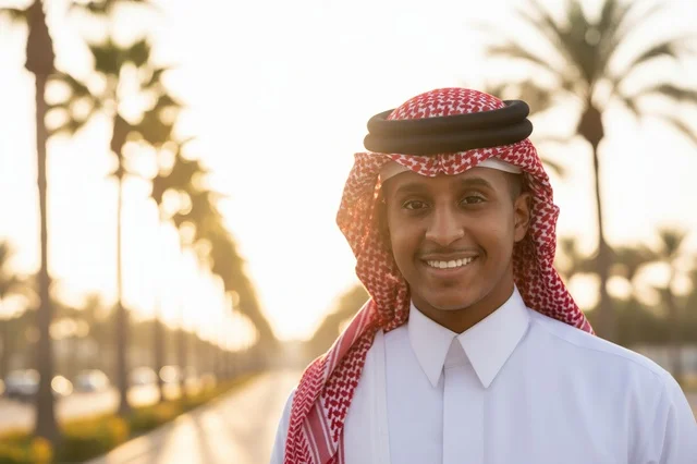 صورة بورتريه لشاب سعودي مبتسم بالزي التقليدي وقت الغروب