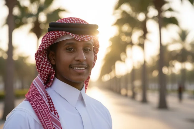 بورتريه شاب سعودي بالزي التقليدي والشماغ وقت الغروب