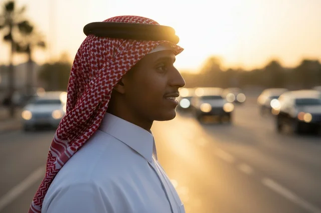 شاب سعودي بالثوب التقليدي والشماغ وقت الغروب