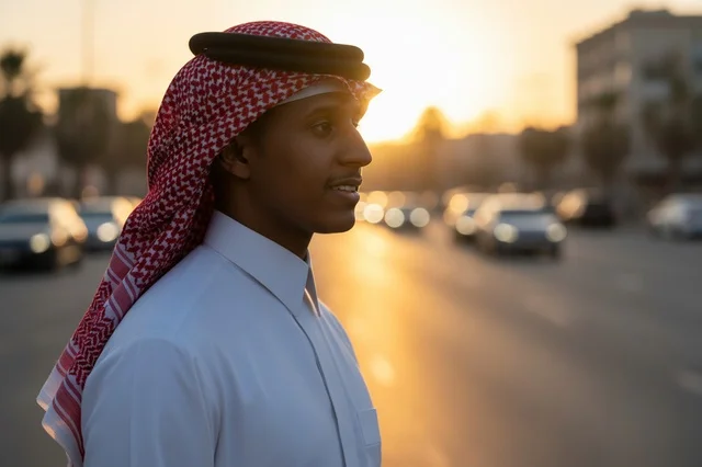 Saudi Man in Traditional Thobe and Shemagh at Sunset