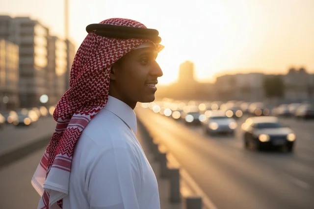 رجل سعودي بالزي التقليدي عند غروب الشمس في المدينة