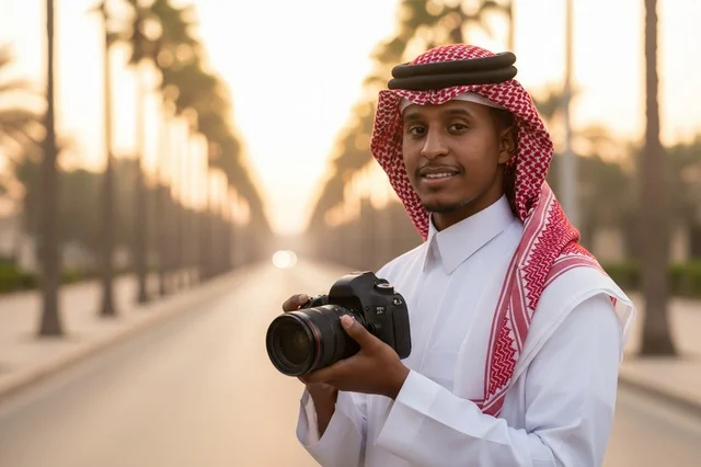 مصور سعودي يحمل كاميرا احترافية وقت الغروب