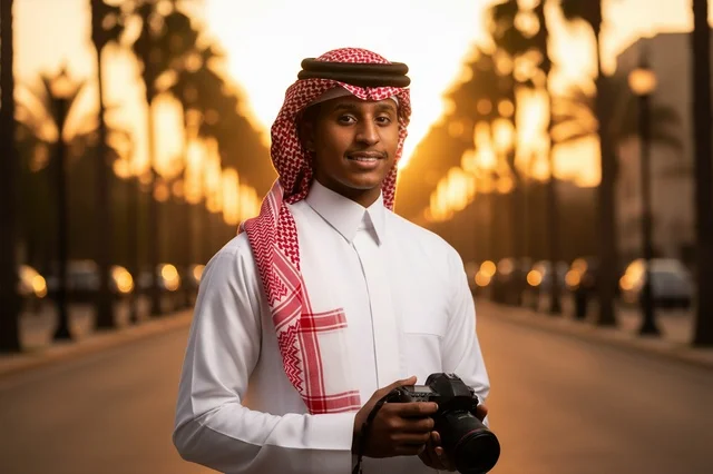 مصور سعودي بالثوب التقليدي يحمل كاميرا وقت الغروب