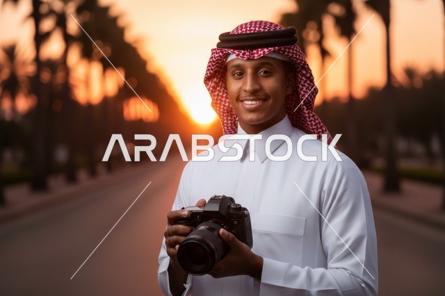 Saudi Man with DSLR Camera in Palm Tree Street at Sunset