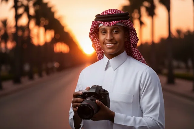 Saudi Man with DSLR Camera in Palm Tree Street at Sunset