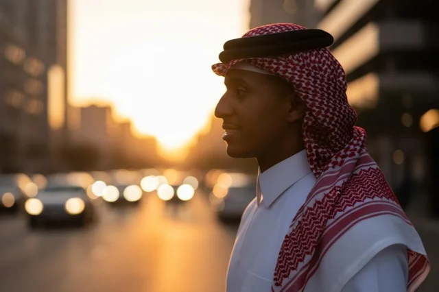 Saudi Man in Traditional Thobe on City Street at Sunset