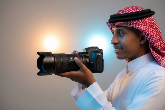 مصور سعودي شاب يحمل كاميرا احترافية في الاستوديو مصور سعودي شاب يحمل كاميرا احترافية في الاستوديو
