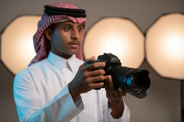 مصور سعودي يمسك كاميرا احترافية داخل استوديو تصوير
