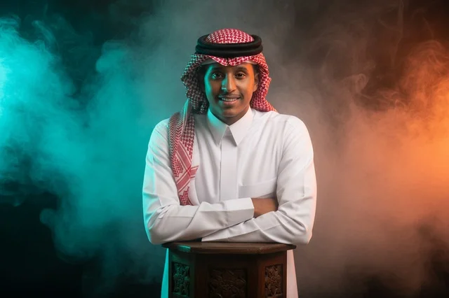 Saudi Man in Traditional Attire with Studio Smoke Background