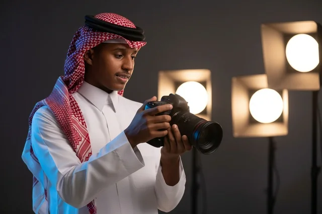 Saudi Photographer with Professional DSLR Camera in Studio