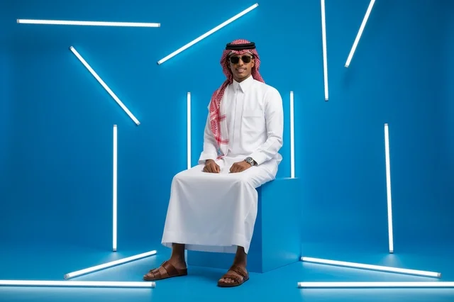 شاب سعودي بالزي التقليدي في استوديو أضواء نيون