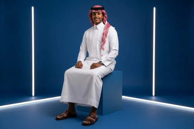 رجل سعودي بالزي التقليدي في استوديو إضاءة نيون أزرق
