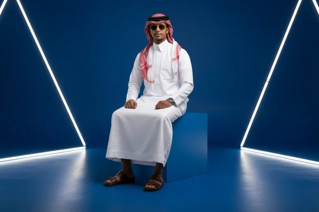 Saudi Man in Traditional Thobe in Blue Neon Studio