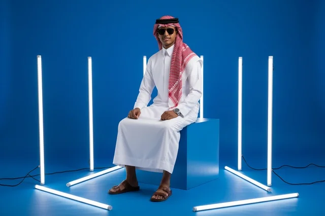 رجل سعودي بالثوب والشماغ مع إضاءة نيون زرقاء في الاستوديو