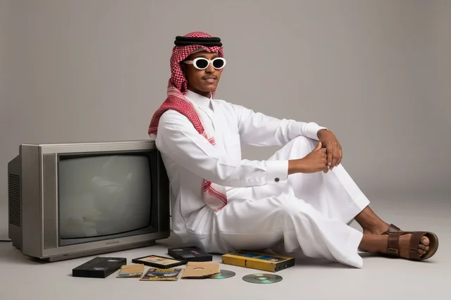 شاب سعودي يرتدي الثوب التقليدي والشماغ مع تلفزيون قديم