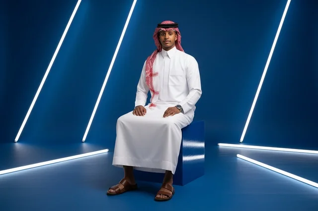 رجل سعودي بالثوب التقليدي يجلس في استوديو أزرق حديث