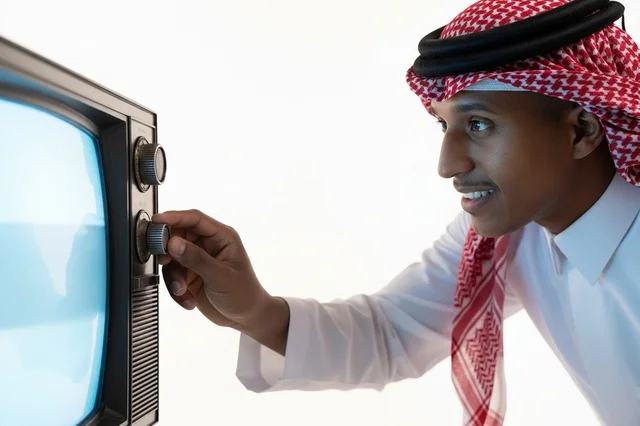Saudi Man in Traditional Dress Adjusting Vintage TV Screen