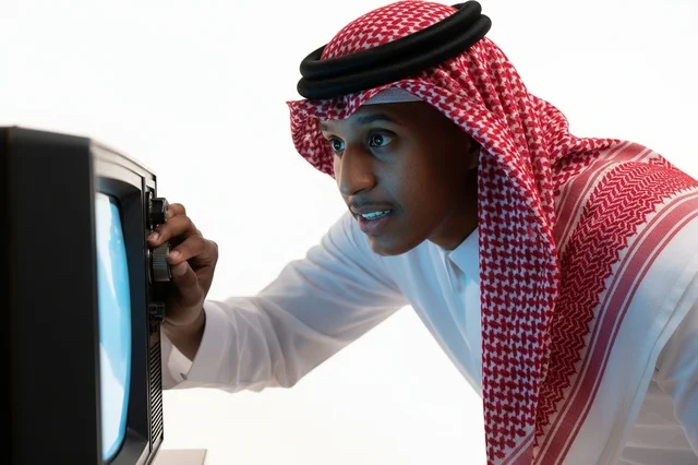 رجل سعودي بالزي التقليدي يضبط شاشة تلفزيون قديم