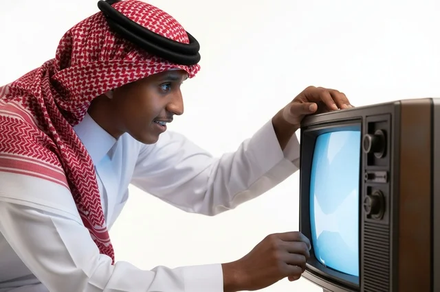 رجل سعودي ينظر إلى شاشة تلفزيون قديم