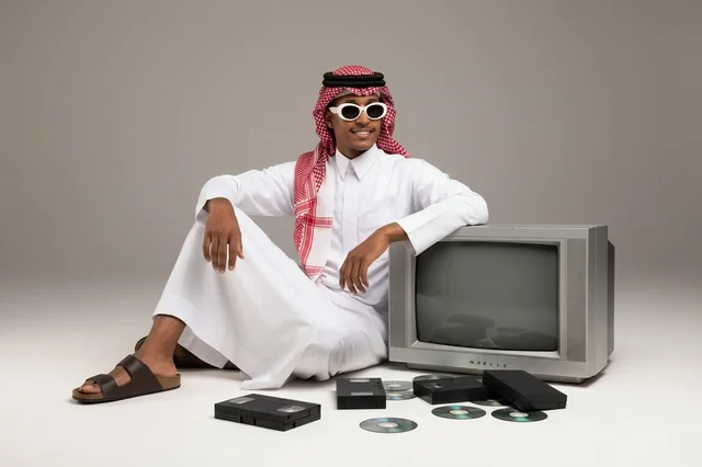 Saudi Man Wearing Traditional Thobe with Retro Television