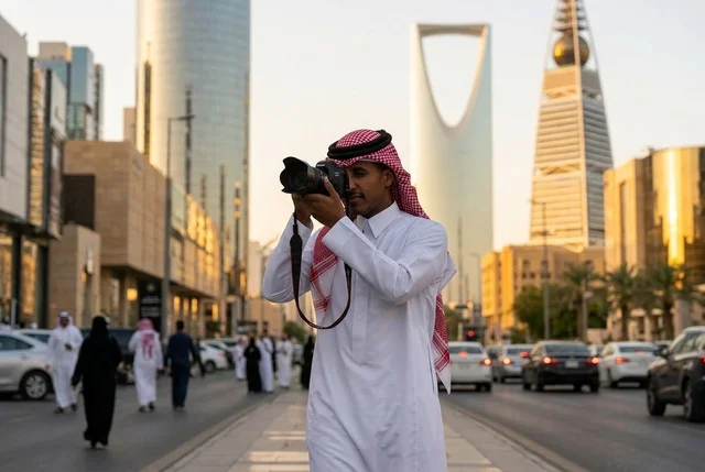 مصور سعودي في شوارع الرياض مع برج المملكة وقت الغروب