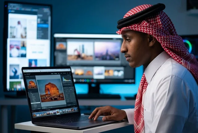 مصور سعودي يعدل الصور على الكمبيوتر في الاستوديو