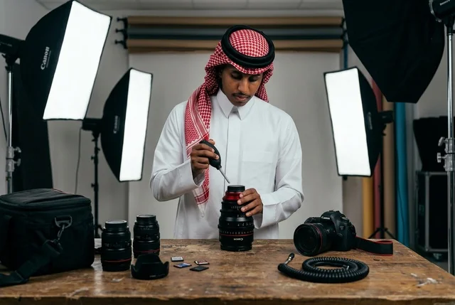مصور سعودي ينظف عدسة الكاميرا في الاستوديو