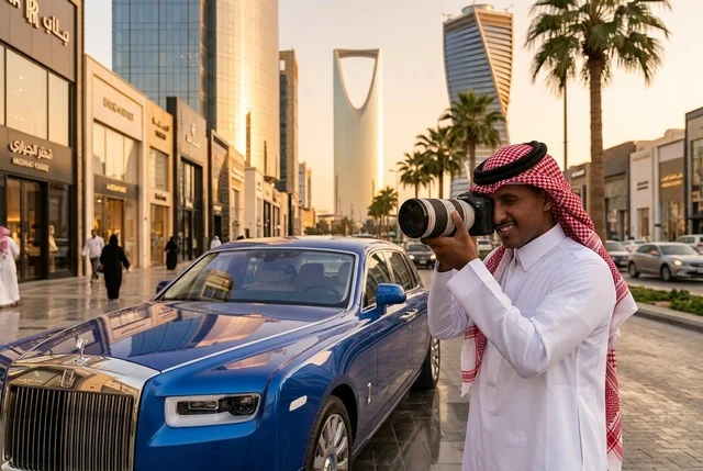 مصور سعودي بالزي التقليدي مع سيارة فاخرة بالرياض مصور سعودي بالزي التقليدي مع سيارة فاخرة بالرياض