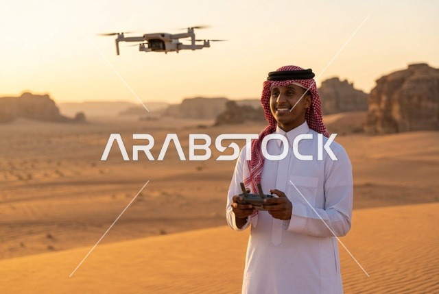رجل سعودي يشغل طائرة درون في صحراء العلا عند الغروب