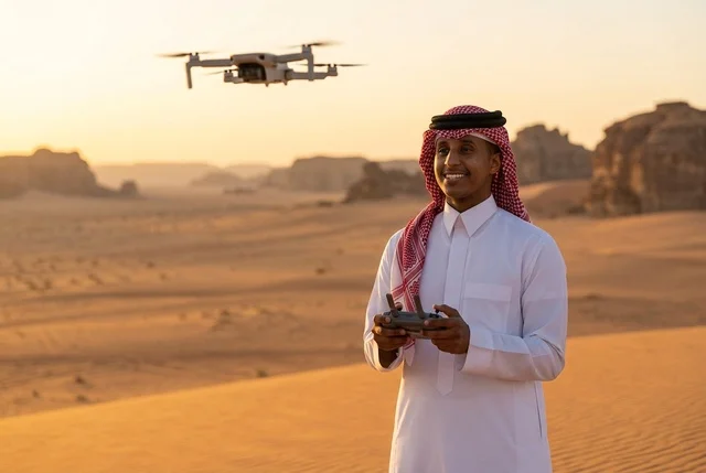 رجل سعودي يشغل طائرة درون في صحراء العلا عند الغروب