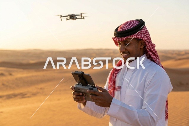رجل سعودي يطير طائرة درون في الصحراء وقت الغروب