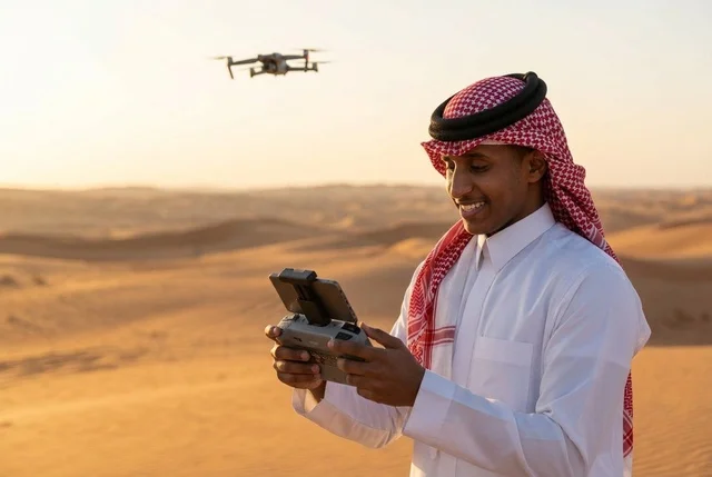 Saudi Man Flying Drone in Desert Dunes during Sunset
