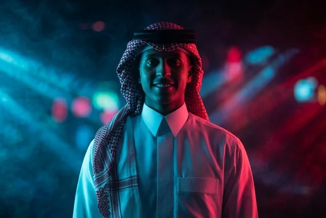 Saudi Man in Traditional Attire with Neon Lighting