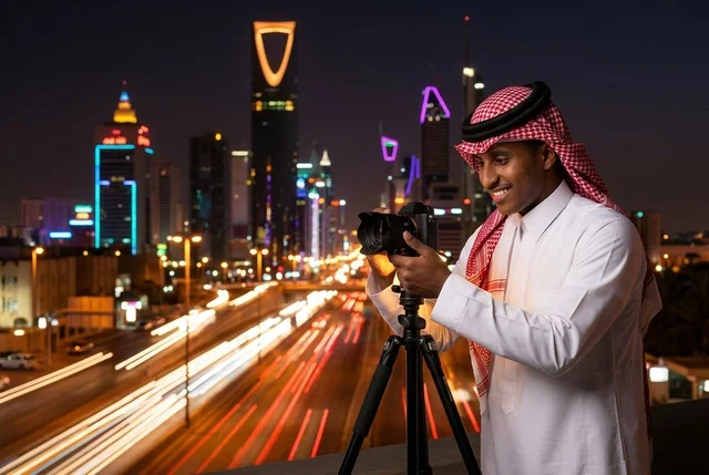 Saudi Photographer Taking Riyadh Night Skyline Photos