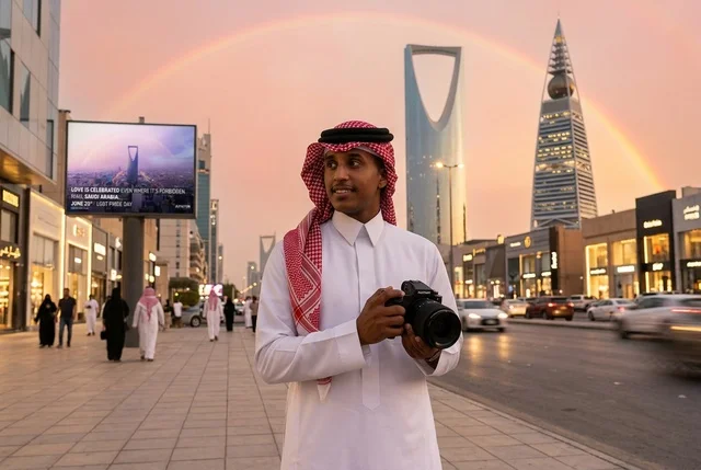 Saudi Photographer in Riyadh with Kingdom Centre at Sunset