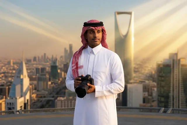 Saudi Photographer holding Camera with Riyadh Skyline Background