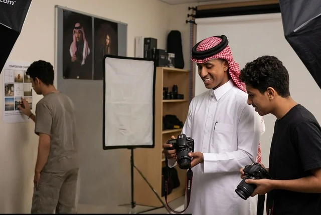 Saudi Photographer Teaching Student in Studio Workshop