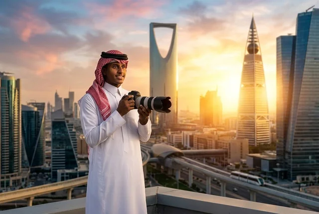 مصور سعودي يحمل كاميرا يطل على أفق الرياض وقت الغروب