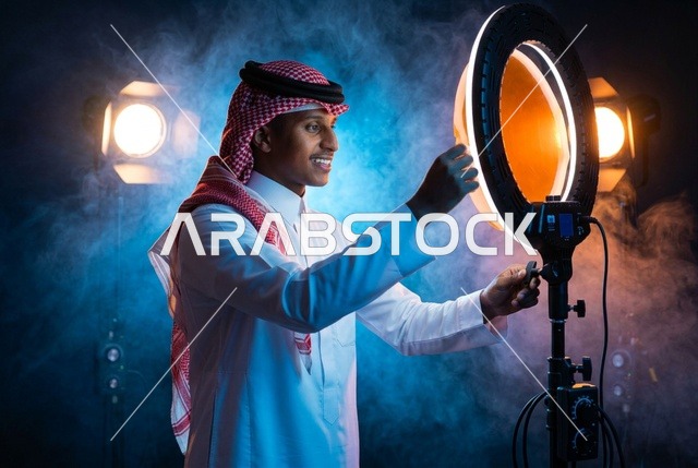 مصور سعودي يضبط إضاءة رينج لايت في استوديو