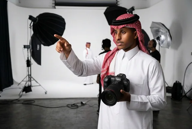 مصور سعودي يوجه جلسة تصوير احترافية داخل الاستوديو