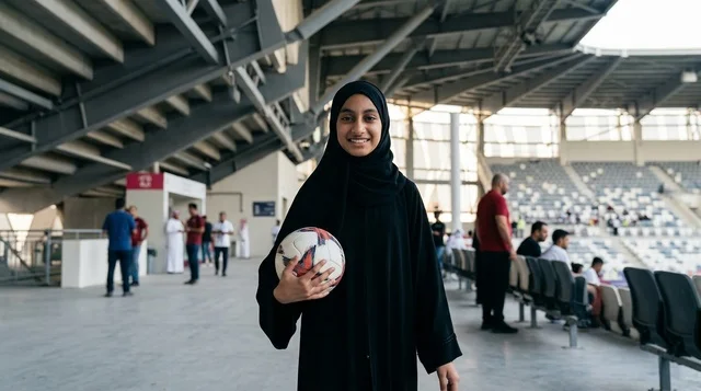 امرأة إماراتية بالعباءة تحمل كرة قدم داخل الملعب