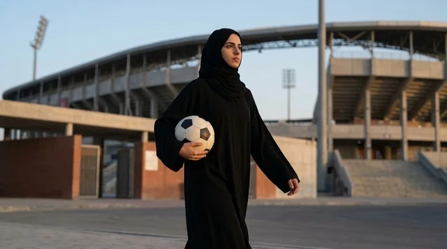 Saudi Woman in Abaya Holding Football Outside Stadium