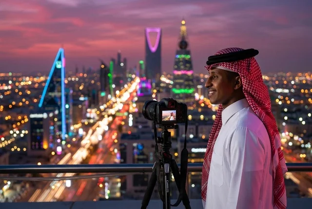 Saudi Photographer with Camera overlooking Riyadh Skyline