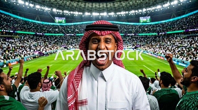 مشجع سعودي بالزي التقليدي يحتفل في ملعب كرة القدم